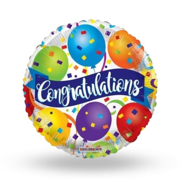 Round congratulations balloon with colorful confetti and balloon graphics