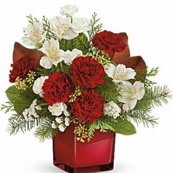 Red carnations and white flowers in a red glass vase