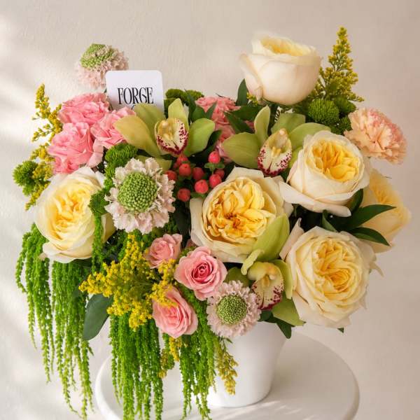 Wild elegance- orchid, amaranth, garden roses.