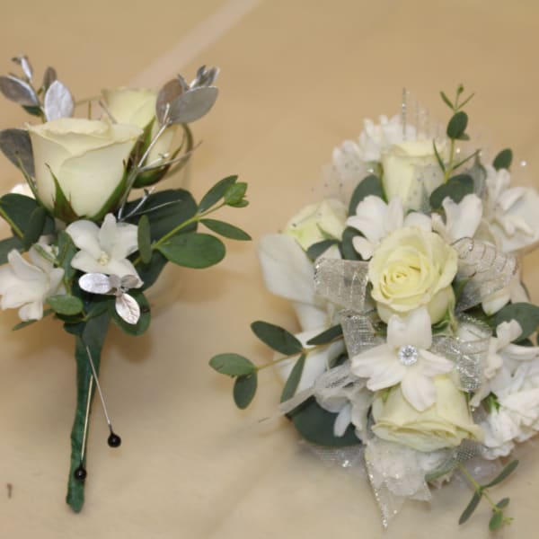 All white corsage and boutonniere bundle