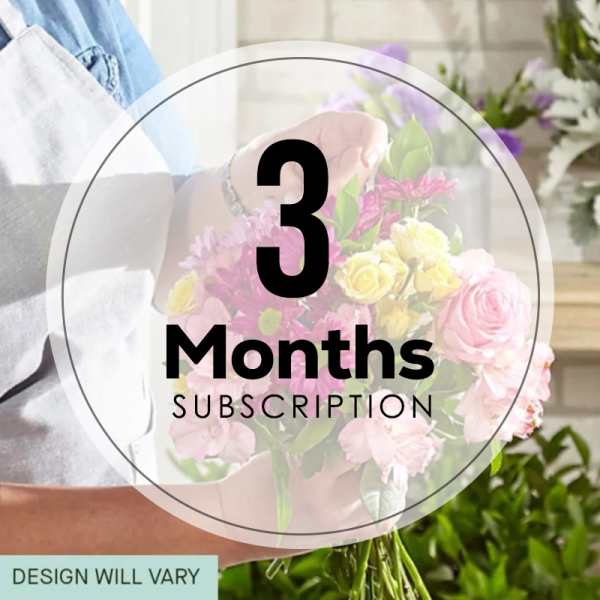 Person holding a pink and yellow mixed flower bouquet with a 3 months subscription label