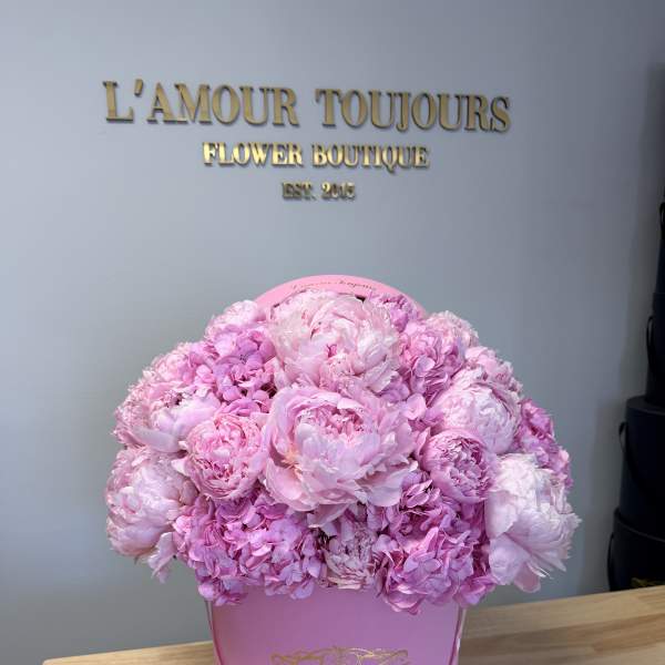 Pink peonies and hydrangeas arranged in a pink hat box