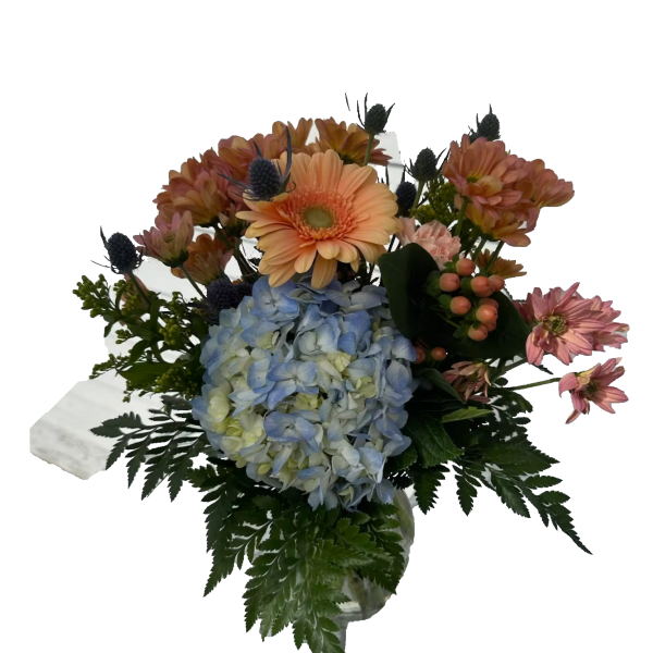 Bouquet with blue hydrangea, peach gerbera daisies, and pink flowers