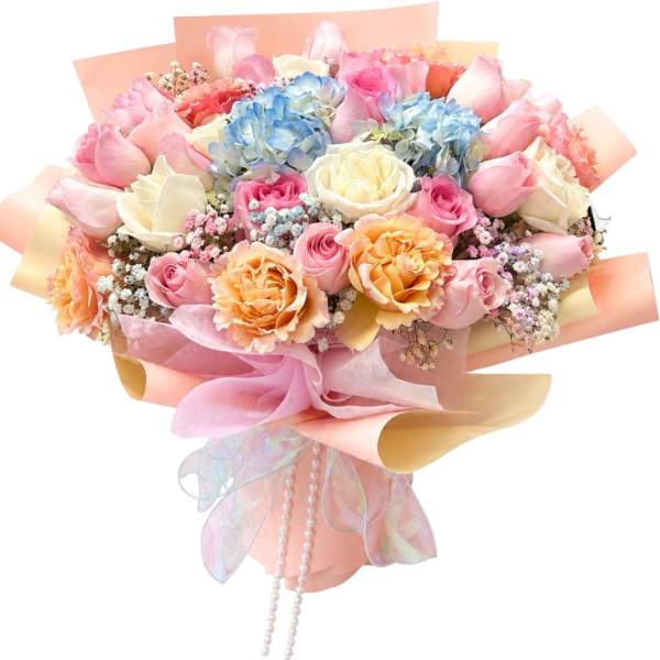 Pastel bouquet of roses, hydrangeas, and baby’s breath with ribbon wrap