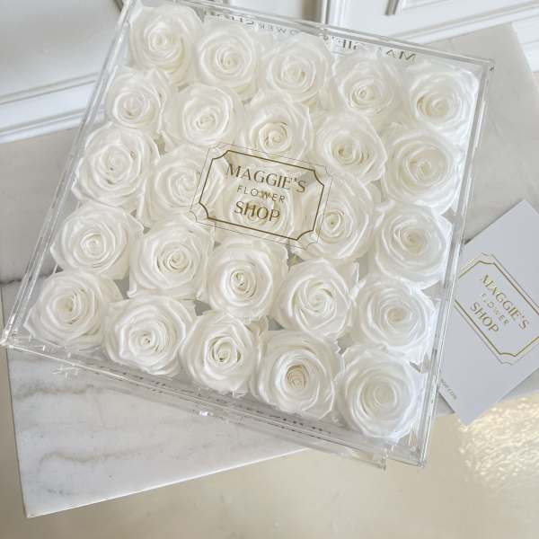 Box of white roses in a clear square gift box