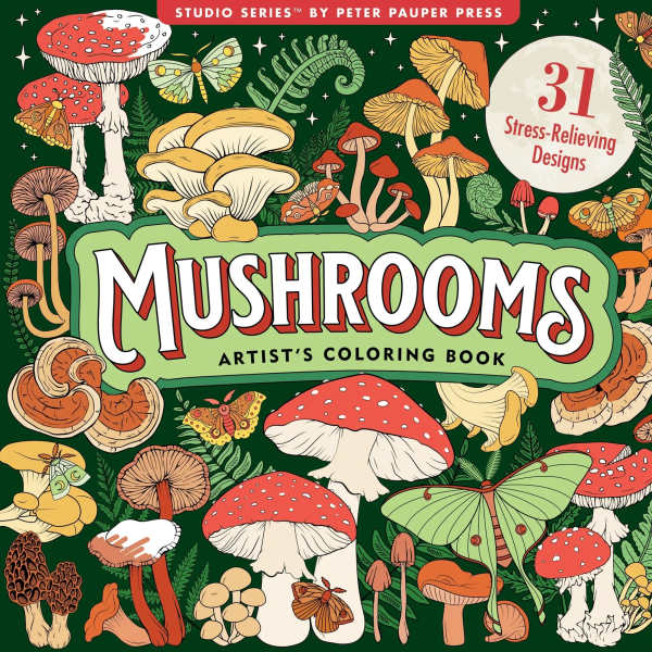 Mushroom-themed coloring book cover with illustrated fungi and butterflies