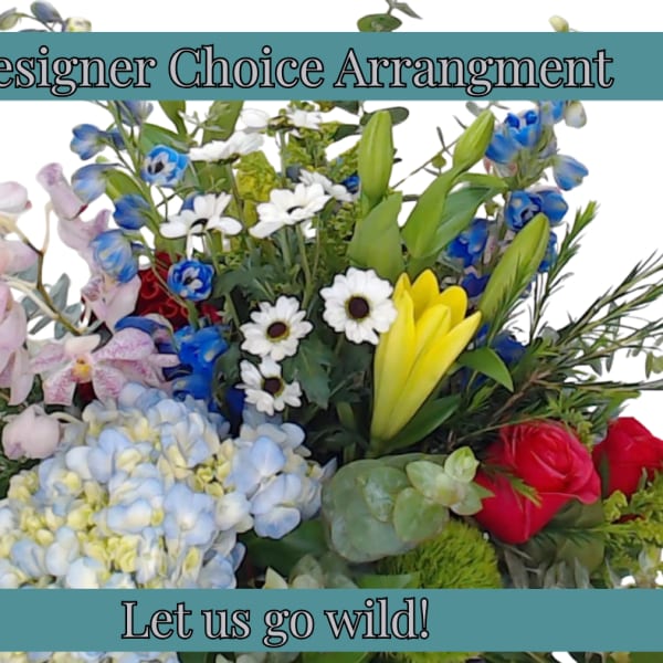 Mixed bouquet with blue, pink, yellow, and red flowers