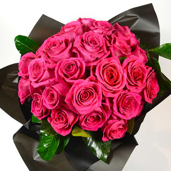 Bouquet of bright pink roses wrapped in black paper