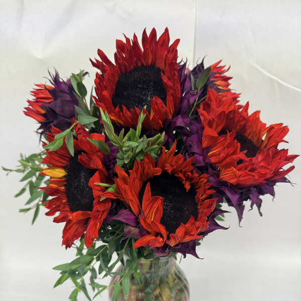 Bouquet of red and purple sunflowers in a glass vase