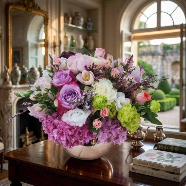 Large mixed bouquet of pink, purple, white, and green flowers in a round vase
