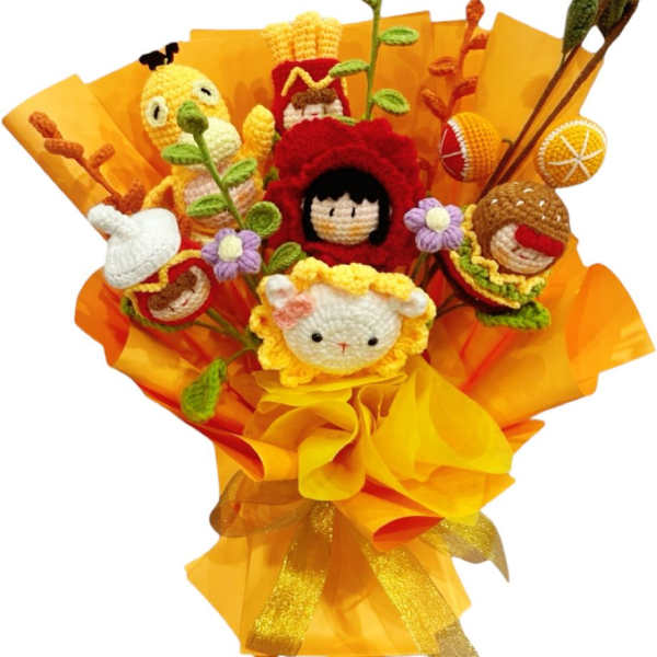 Crocheted character bouquet wrapped in bright orange paper