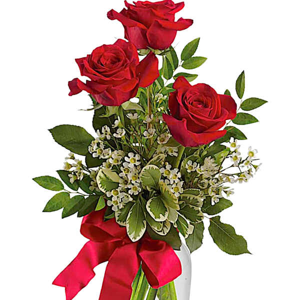 Red roses in a clear glass vase with a red ribbon