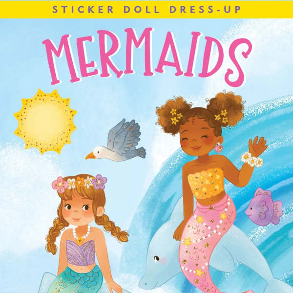 Mermaid sticker book cover with two illustrated mermaids and sea animals