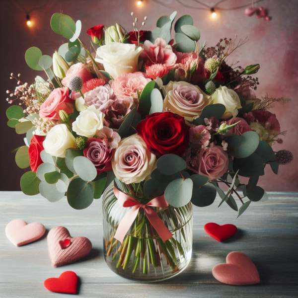 Mixed rose bouquet in a glass vase with pink heart decorations