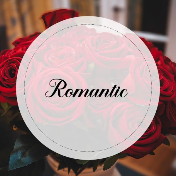 Bouquet of red roses with a romantic label overlay