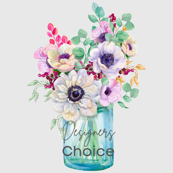 Watercolor bouquet of pastel flowers in a blue vase with "Designers Choice" text