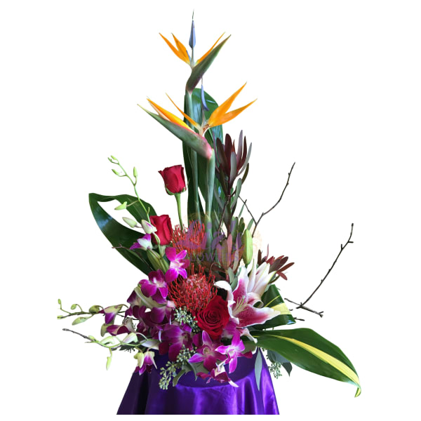 Tall tropical bouquet with orchids, roses, and bird of paradise flowers