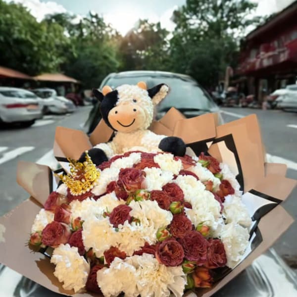 Bouquet of red and white carnations with a plush cow topper