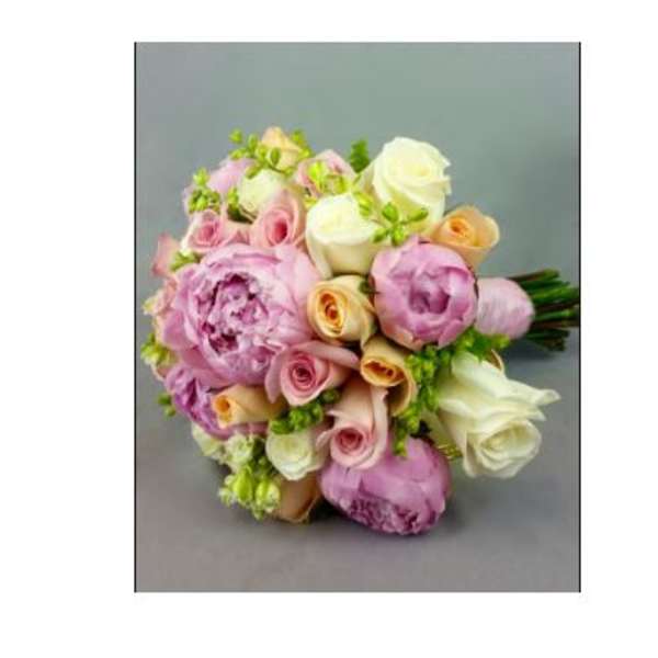 Bouquet of pink, white, and peach roses with lavender blooms