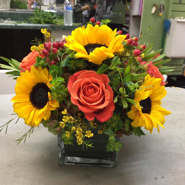 Sunflower and coral rose arrangement in a square glass vase
