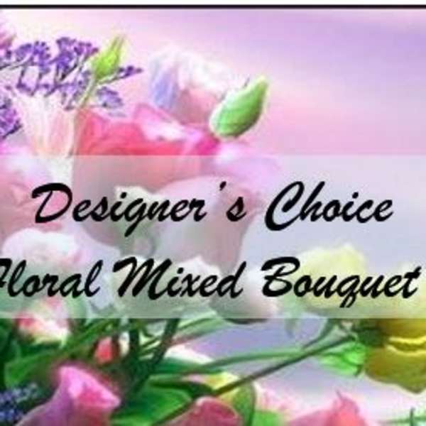 Mixed bouquet with pink, yellow, purple, and white flowers