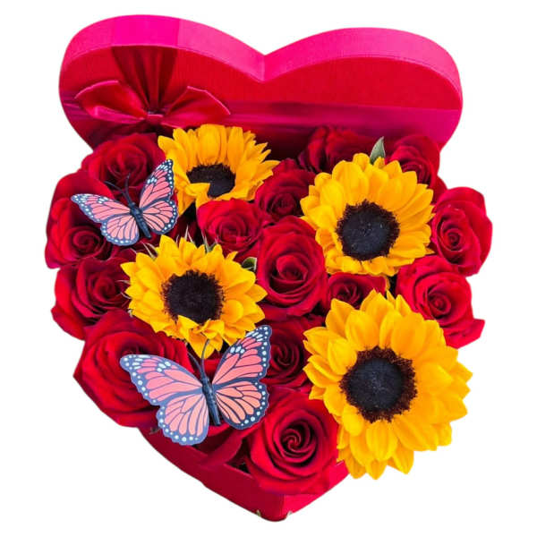 Heart-shaped box of red roses and yellow sunflowers with butterfly decorations