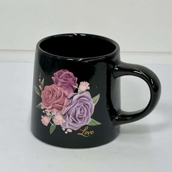 Black mug with pink and purple rose design and the word Love
