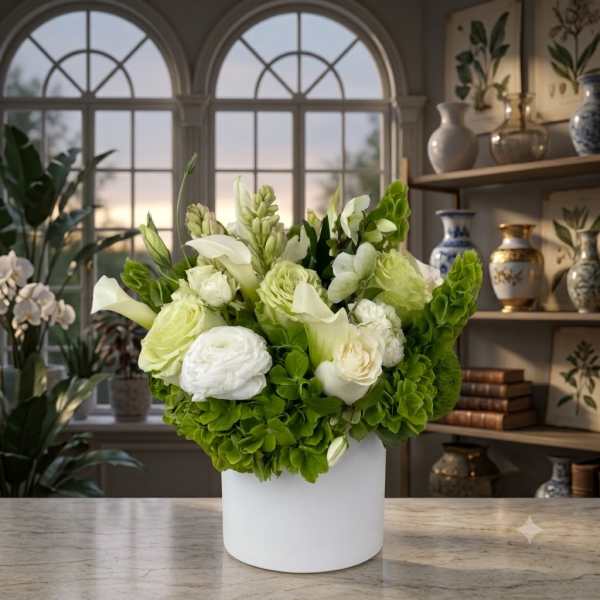 White and green floral arrangement in a white cylindrical vase