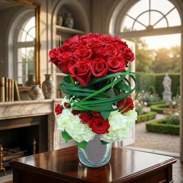 Red roses and white hydrangeas arranged in a glass vase with green loops