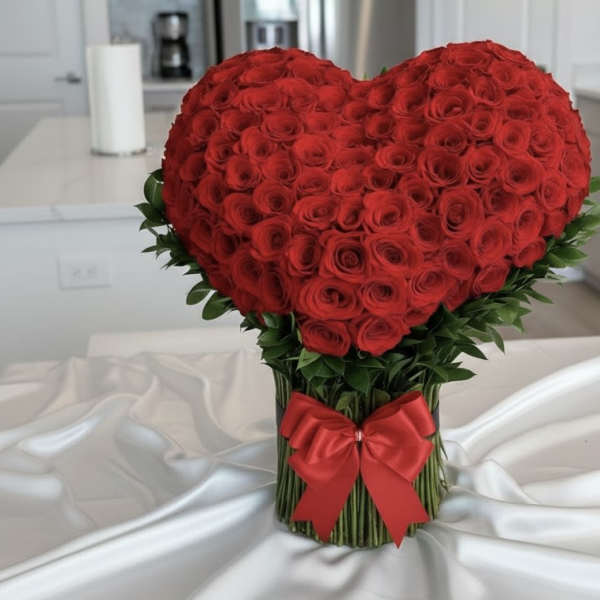 Heart-shaped bouquet of red roses with a red ribbon