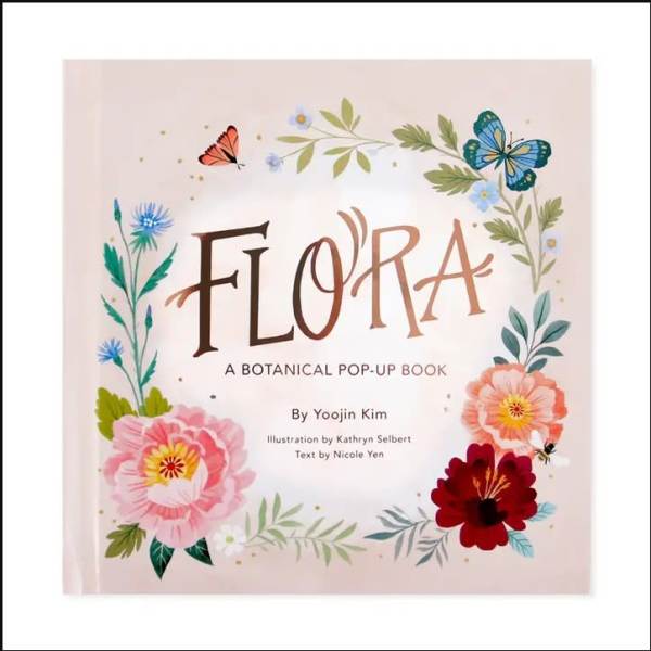 Botanical pop-up book cover with illustrated flowers and butterflies