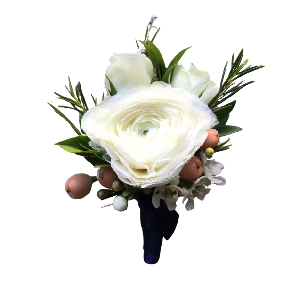 White ranunculus boutonniere with berries and greenery