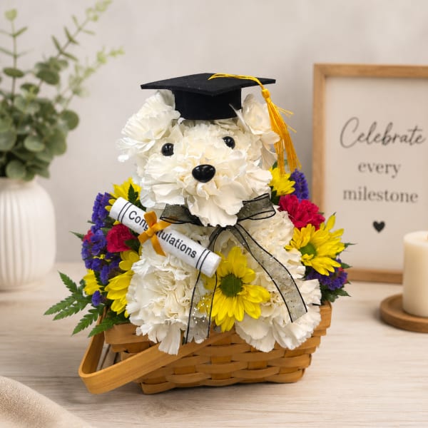 Graduation Puppy Flower Basket