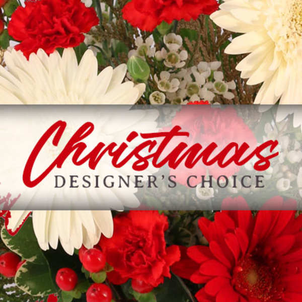 Christmas designer's choice floral arrangement with red and white blooms