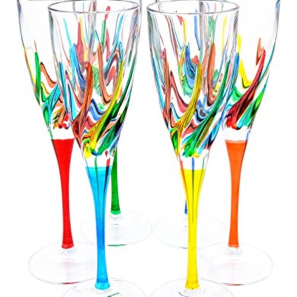 Set of clear stemmed glasses with colorful painted swirls
