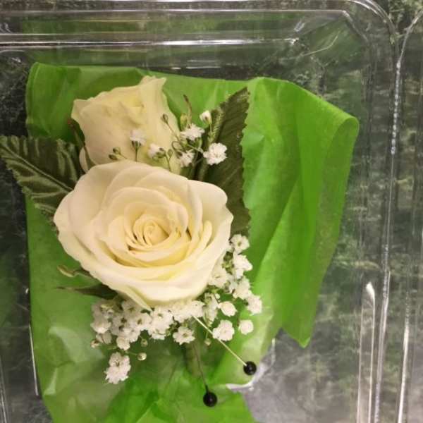 Cream rose boutonniere with baby's breath and green wrap
