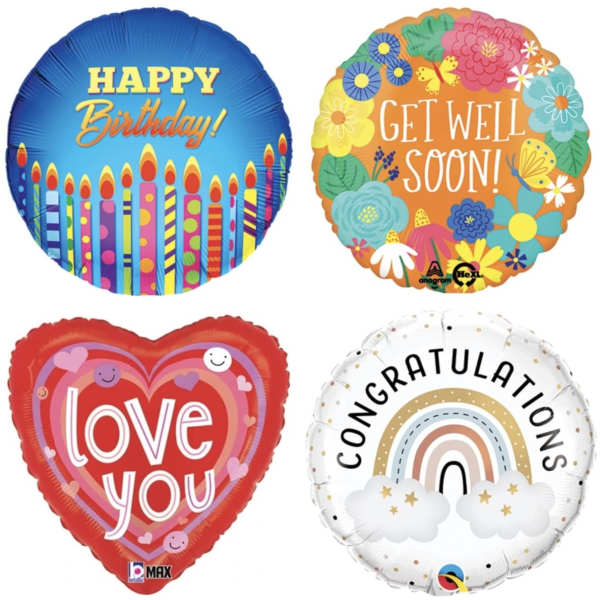 Set of four round and heart-shaped printed balloons with birthday, get well, love, and congratulations messages.