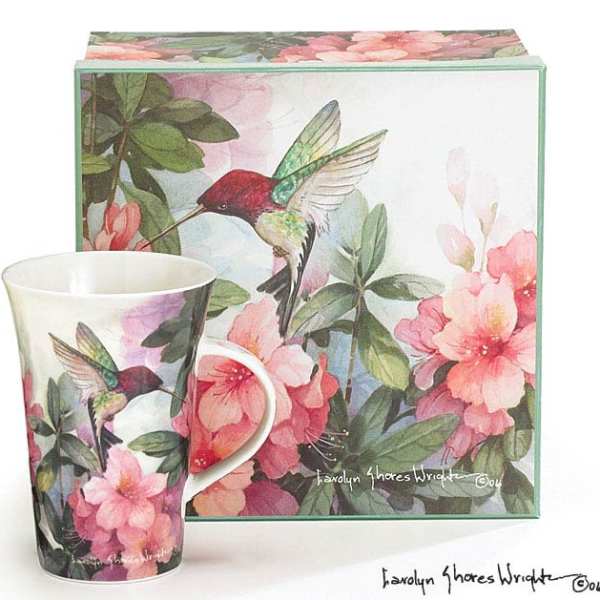 Floral hummingbird mug with matching gift box featuring pink blossoms and green foliage artwork