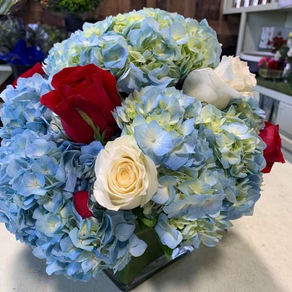 Bouquet of blue hydrangeas with red and white roses in a glass vase