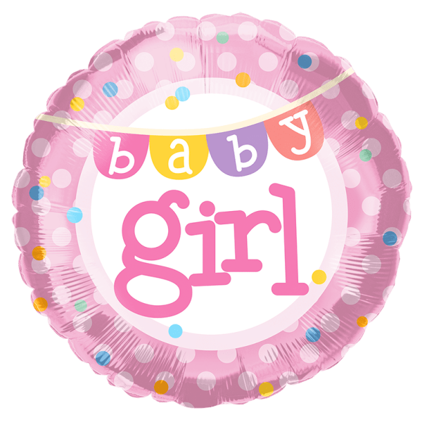Pink balloon with "baby girl" text and polka dots