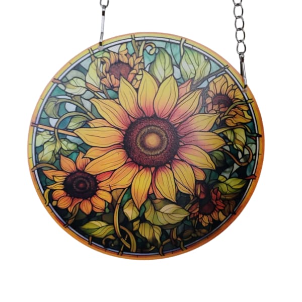 Round sunflower stained-glass hanging panel with a chain