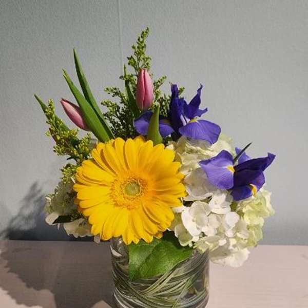 Yellow gerbera daisy and purple iris arrangement in a glass vase