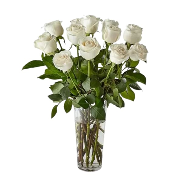 White roses arranged in a clear glass vase