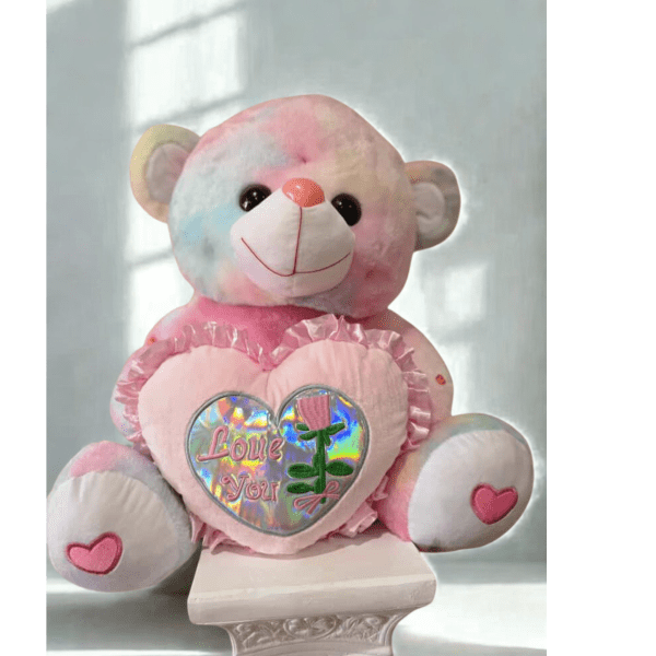 Pastel teddy bear holding a heart with "Love You" text