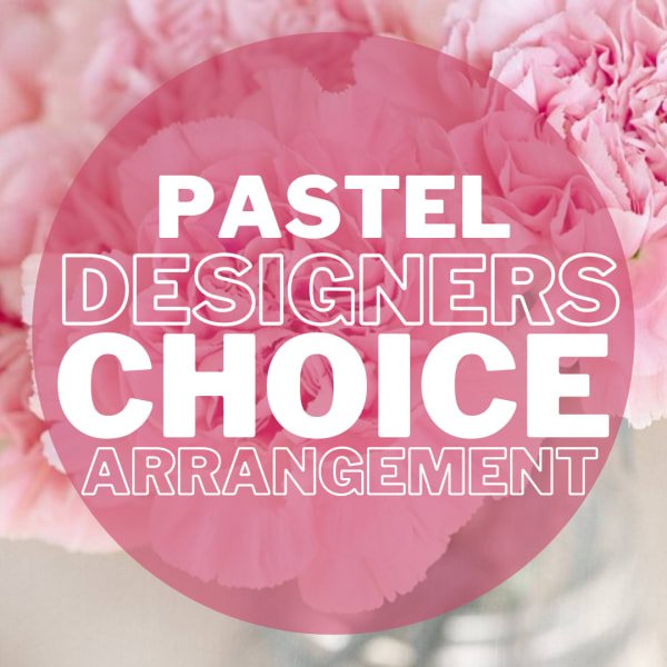 Pink floral arrangement with large text overlay