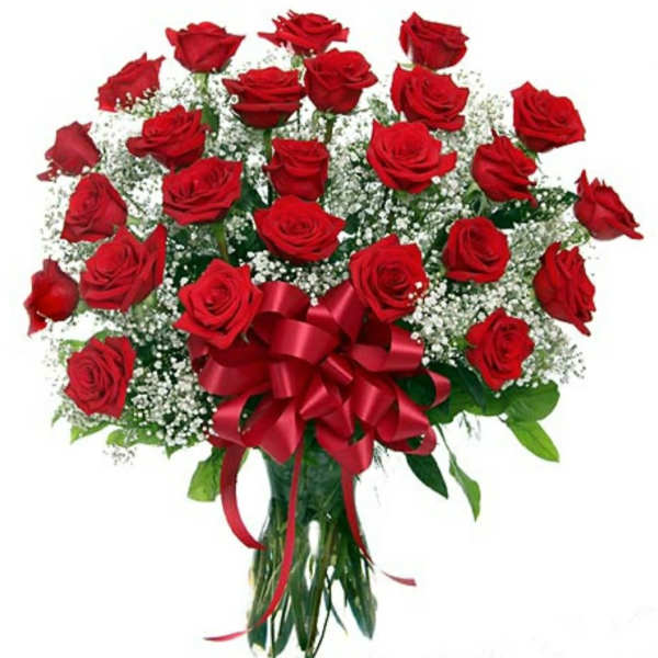Bouquet of red roses with baby's breath and a red ribbon