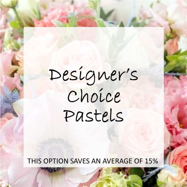 Pastel flower arrangement with roses and mixed blooms behind a text overlay