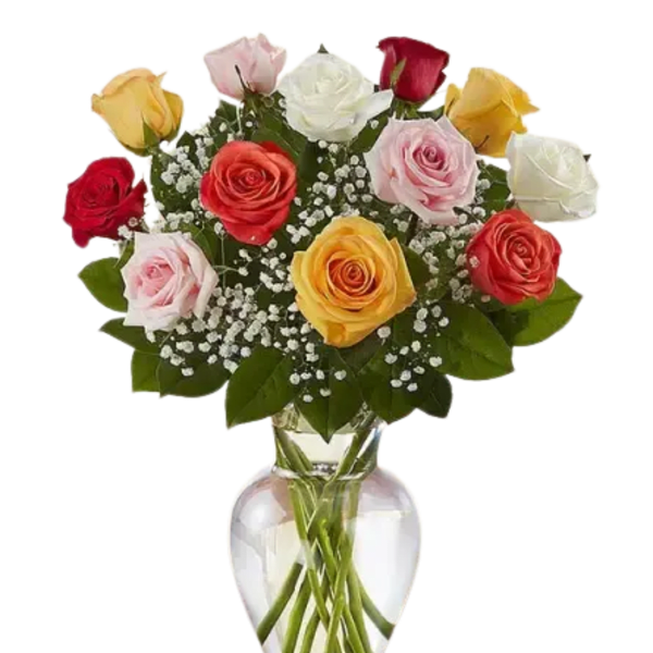 Bouquet of multicolored roses in a clear glass vase
