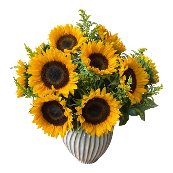 Sunflower bouquet in a ribbed ceramic vase