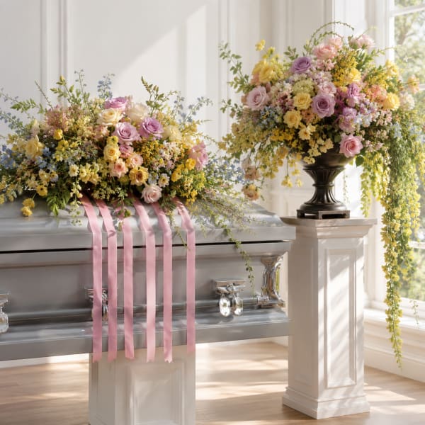 Polychromatic Casket Spray and Vase Arrangement